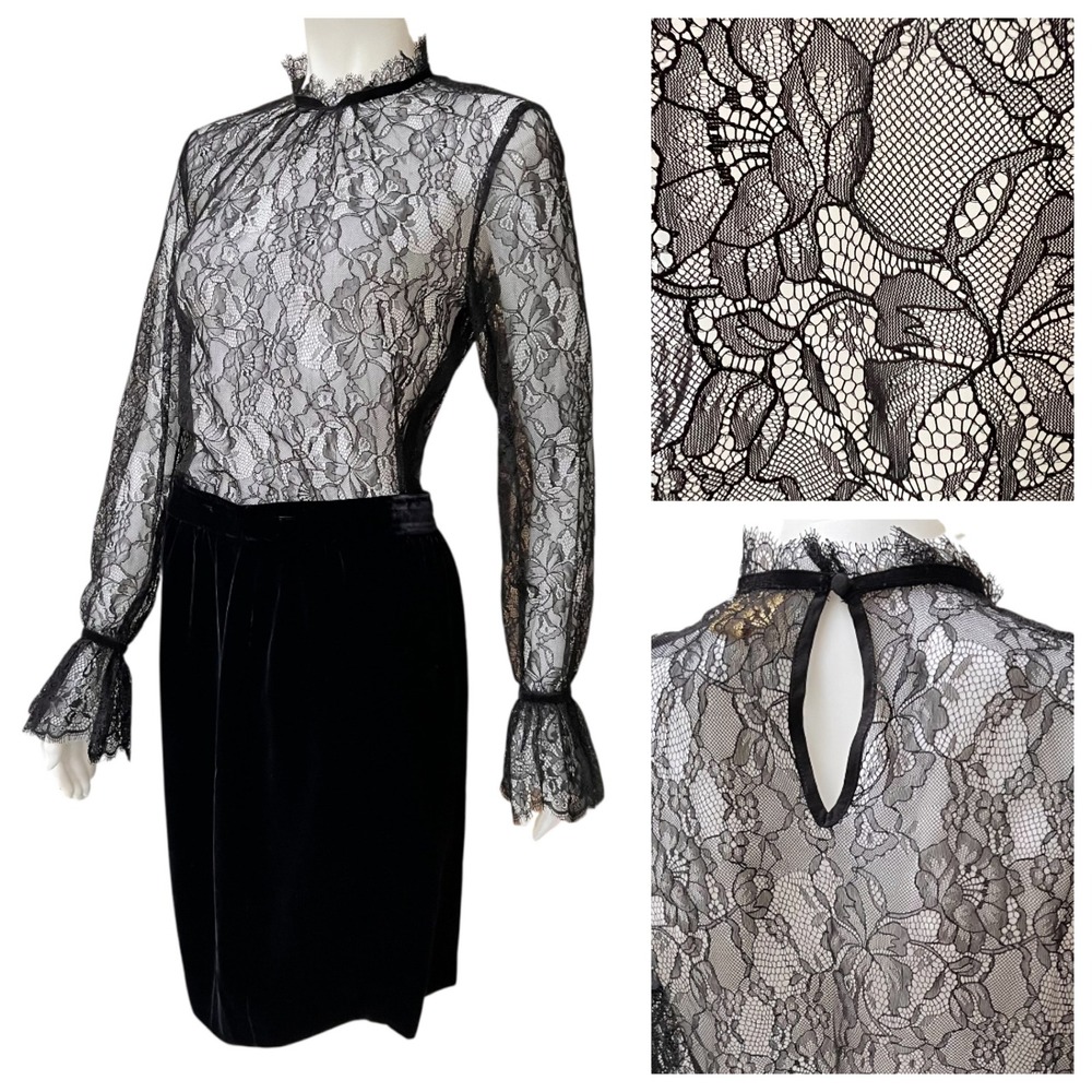 Lace Blouse Sheer Black High Neck Ruffle Cuff 6 Office‎ Siren Victorian Gothic